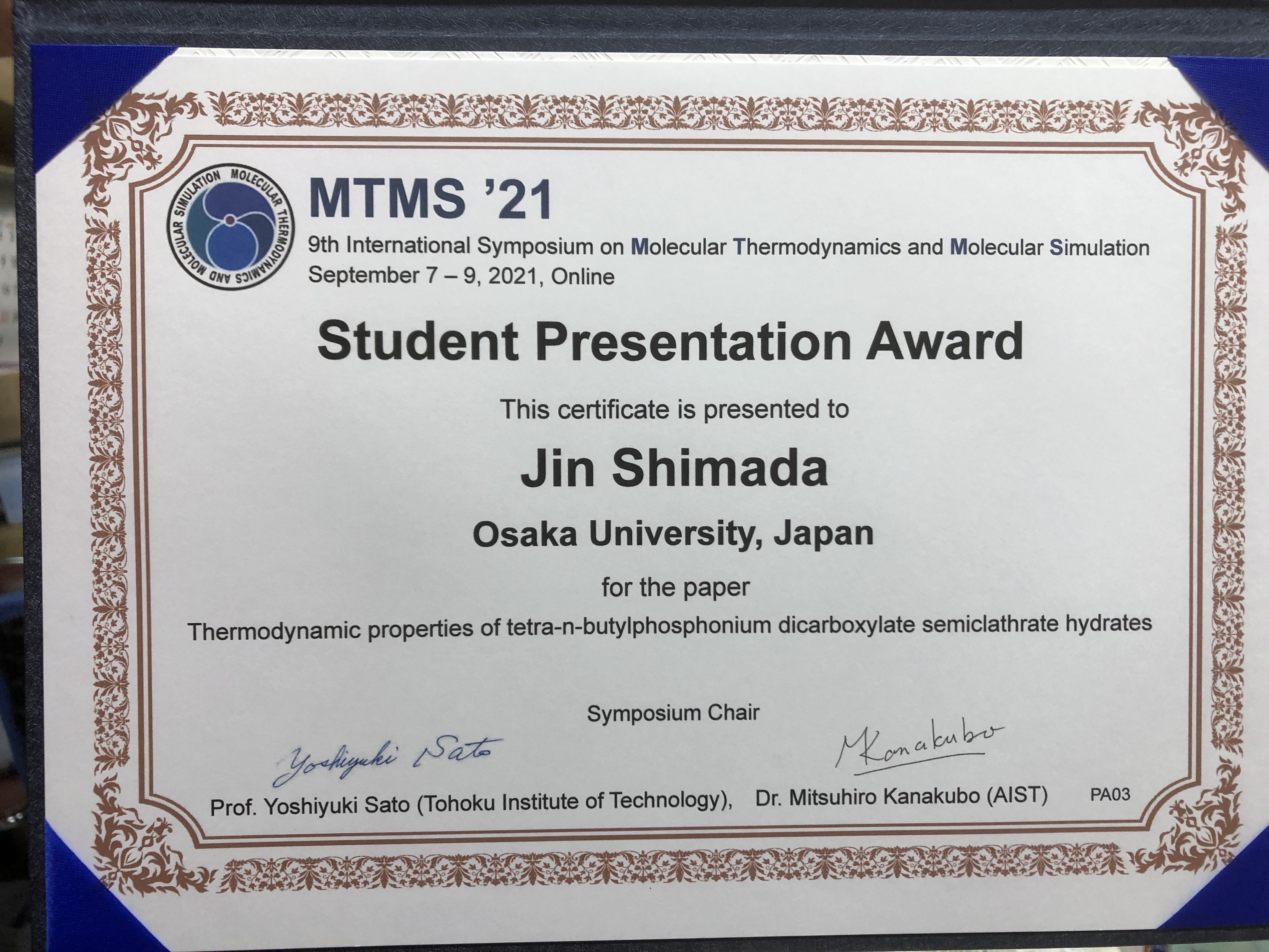 Student Presentation Award to Mr. Shimada 